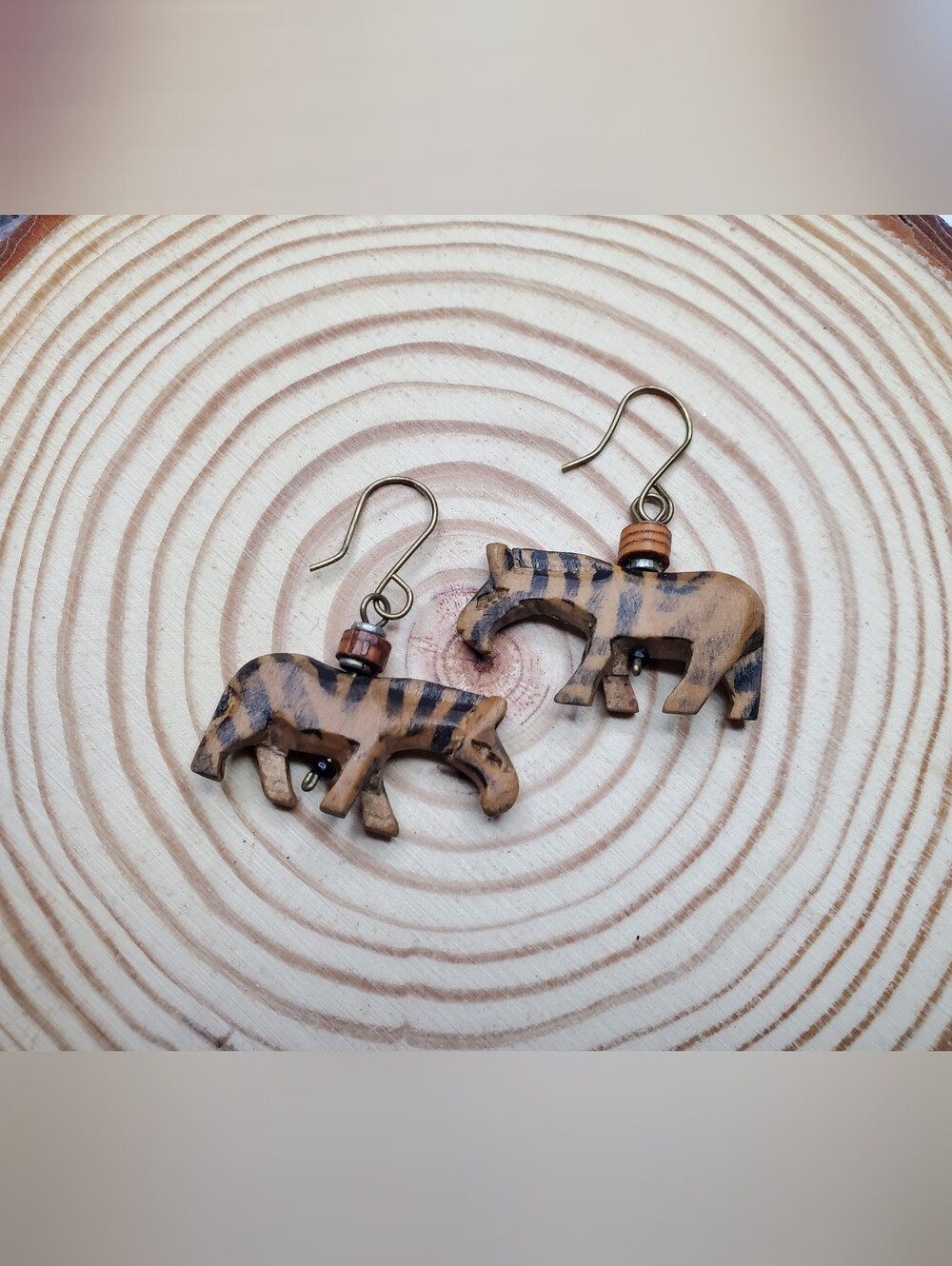 Vtg. Artisan Made Wooden Zebra Earrings